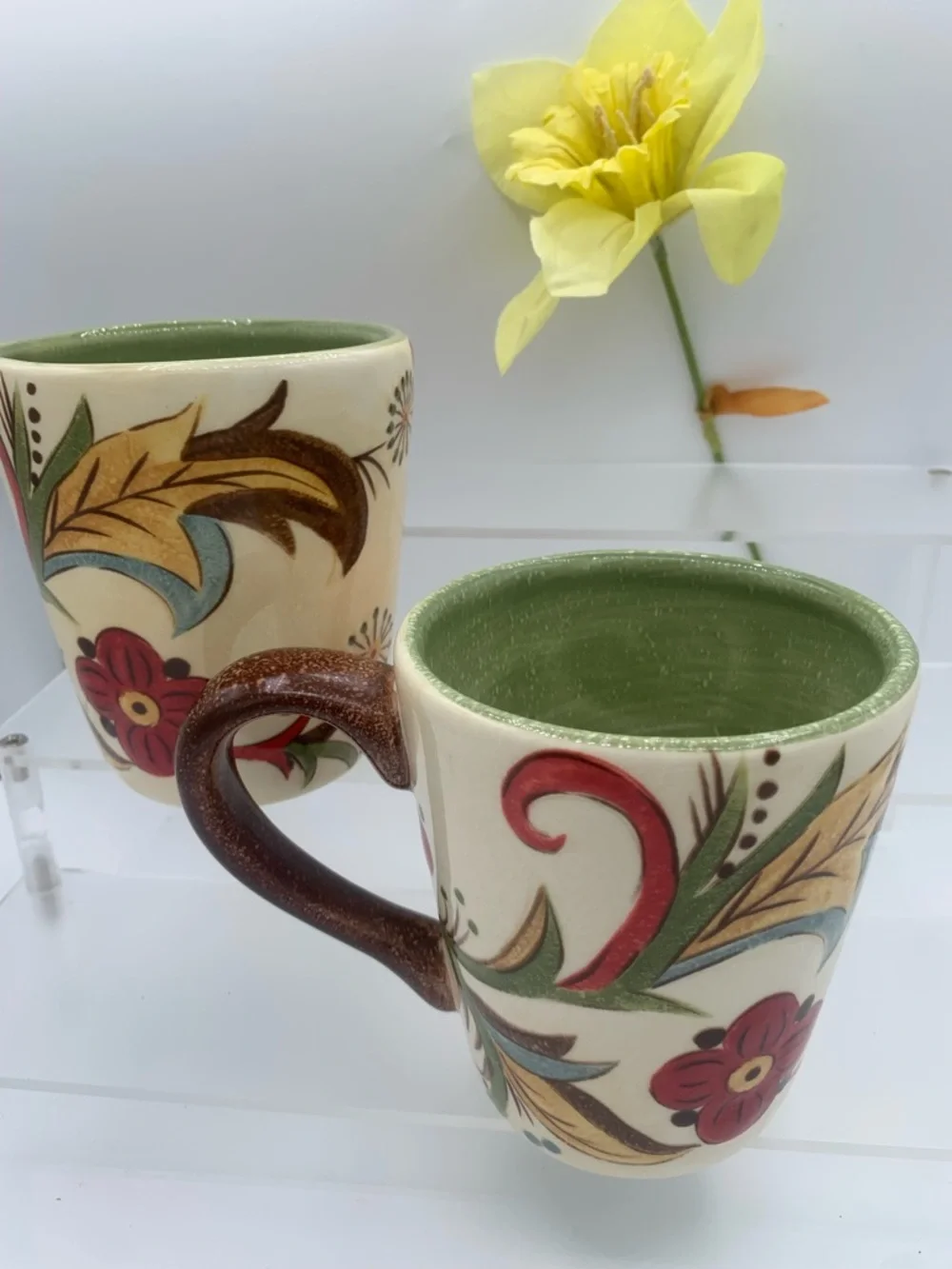 Set/2 Pier 1 Imports Carynthum Hand Painted Sturdy Earthenware Coffee Mugs 14oz